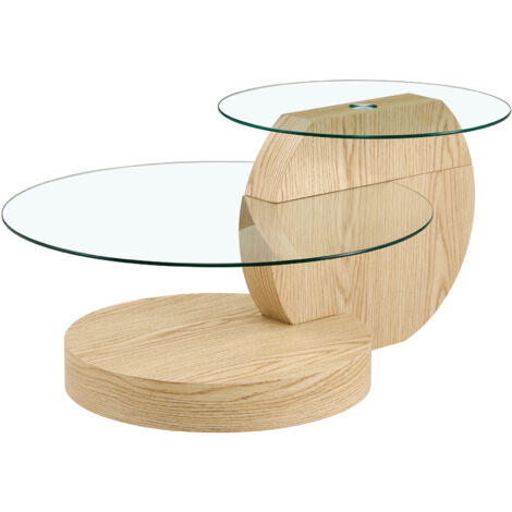 Moderner minimalistischer zweistufiger Sicherheitsglas-Couchtisch, mehrlagiges Design, mit hochwertiger MDF-Trägerstruktur in heller Holzmaserung. Mehrere Farben verfügbar.