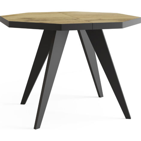 Moderner Runder Ausziehbarer Esstisch Diamond mit Schwarz Holzbeinen – Erweiterbar bis 150 cm, ideal für 4 bis 6 Personen - Loft-Stil Tisch für Küche - Wotan Eiche