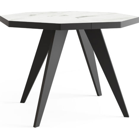 Moderner Runder Ausziehbarer Esstisch Diamond mit Schwarzen Holzbeinen – Erweiterbar bis 150 cm Ideal für 4 bis 6 Personen - Loft-Stil Tisch für Küche - Marmor Weiß