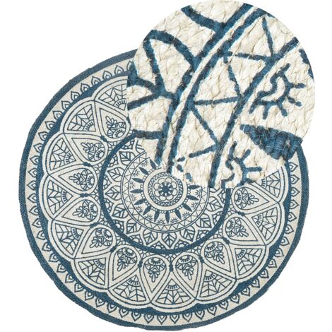 Moderner, runder Teppich Jute mit orientalischem Muster in Blau ⌀ 120 cm Anadere - Blau