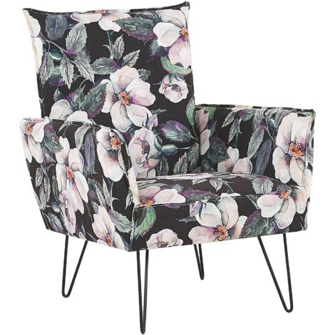 Sessel Schwarz/Rosa/Grün Blumenmuster Polsterbezug Kiefernholz Sperrholz mit Armlehnen schwarze Füße Wohnzimmer Schlafzimmer Retro Stil