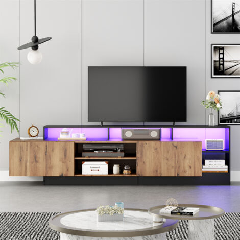 Moderner TV-Schrank für Fernseher bis 70 Zoll, offener Stauraum mit LED-Bildschirmen, passend zu Schlafzimmer- und Wohnzimmermöbeln, Schrank in Originalholzfarbe mit schwarzem Rahmen