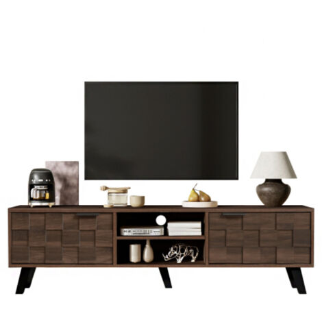 Moderner TV-Schrank mit 2 Türen und 2 offenen Fächern in dunkelholzener Maserung – 160,5 x 35,5 x 45 cm