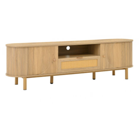 Moderner TV-Schrank mit Rattan-Schubladen mit offenen Fächern, abgerundeter Tischplatte, Metallbeinen in Holzoptik, multifunktionales Wohnzimmermöbel