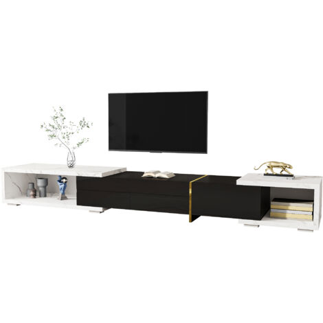 Moderner TV-Schrank mit variabler Länge (140-260 cm), Drehfunktion, weißer Marmoroptik, mattschwarzem Hochglanz-Finish und goldenen Verzierungen