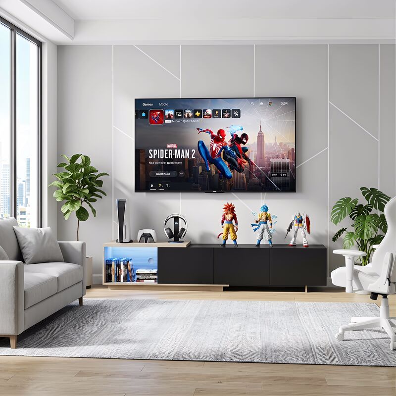 JOOKGBD -Meuble TV Extensible 163–240 cm,Meuble Tele et Bois avec Eclairage LED,Banc TV Meubles Télé pour téléviseur avec 3 tiroirs et Espace de