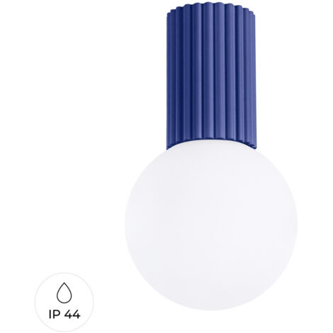 Moderner ultramarinblauer Deckenstrahler mit geriffeltem Korpus und weißer Glaskugel für Bad oder Flur 1xG9 8W IP44 HALO Sollux Lighting