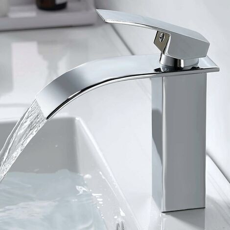 Moderner Wasserfall-Badezimmer-Wasserhahn, Waschbecken-Wasserhahn im eleganten Design, Messing-Mischbatterie, heißes und kaltes Wasser verfügbar, Chrom-Wasserhähne