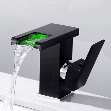 Moderner Wasserfall-Waschtischhahn, Schwarz, Langlebige LED, Einstellbare Warm- und Kaltwassermenge