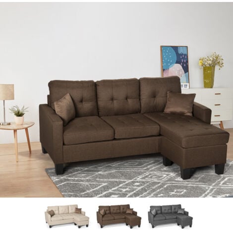 MODUS SOFÀ Modernes 3-Sitzer Ecksofa Pouf 2 Kissen Wohnzimmer Remissus Farbe: Braun