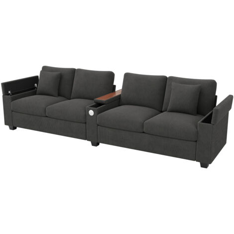 Modernes 4-Sitzer Cord Sofa, Wohnzimmer Sofa mit USB/USB-C Ladefunktion, klappbarer Mittelarmlehne, verstecktem Stauraum, bequemes Sofa für Büro und Zuhause, Gray.