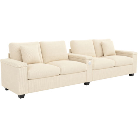 Modernes 4-Sitzer Cord Sofa, Wohnzimmer Sofa mit USB/USB-C Ladefunktion, klappbarer Mittelarmlehne, verstecktem Stauraum, bequemes Sofa für Büro und Zuhause,Beige.