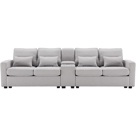 Modernes 4-Sitzer-Sofa aus Leinenstoff mit Konsole, 2 Getränkehaltern, 2 USB-Anschlüssen zum Aufladen mit Kabel, mit Armlehnentaschen und 4 Kissen, einfaches Sofa für Wohnzimmer, Wohnung, Büro