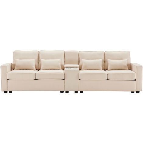 Modernes 4-Sitzer-Sofa aus Leinenstoff mit Konsole, 2 Getränkehaltern, 2 USB-Anschlüssen zum Aufladen mit Kabel, mit Armlehnentaschen und 4 Kissen, einfaches Sofa für Wohnzimmer, Wohnung, Büro