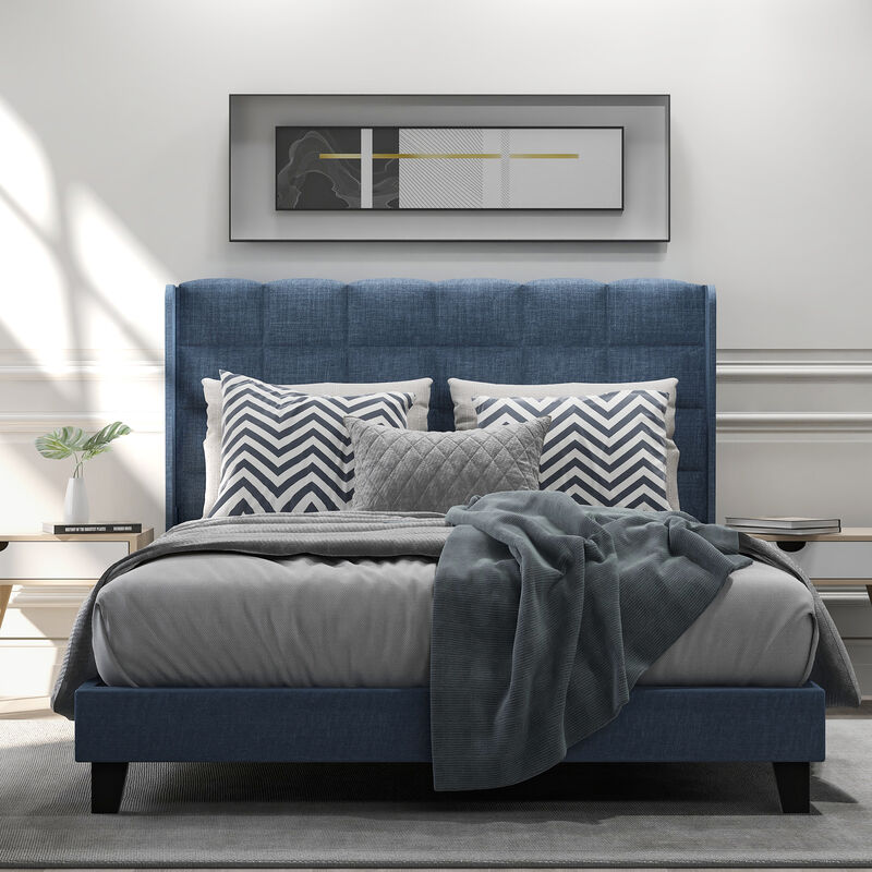 Modernes Design Polsterbett Mit seinem gepolstertes Kopfteil Doppelbett mit Lattenrost, 140x200cm ,in Blau Leinen, mittelfest(Ohne Matratze)