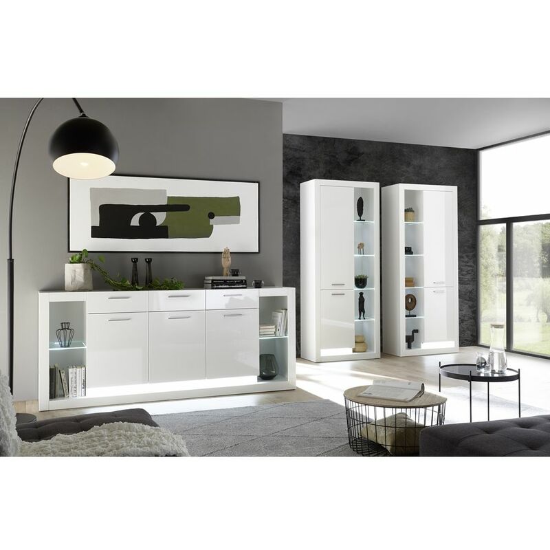 Modernes Design Wohnzimmer Set mit Sideboard und 2 Vitrinenschränke MAILAND-61 in Hochglanz weiß mit Beleuchtung, B/H/T: 398/195/37-43 cm