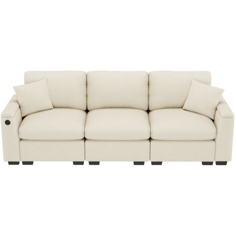 Modernes Dreisitzer-Sofa aus Chenille, Stoffsofa mit Kissen, Klapptisch und USB-Anschluss, Getränkehalter und Stauraum, ein multifunktionales Sofa, geeignet für Büros, Wohnungen und Heimkinos.