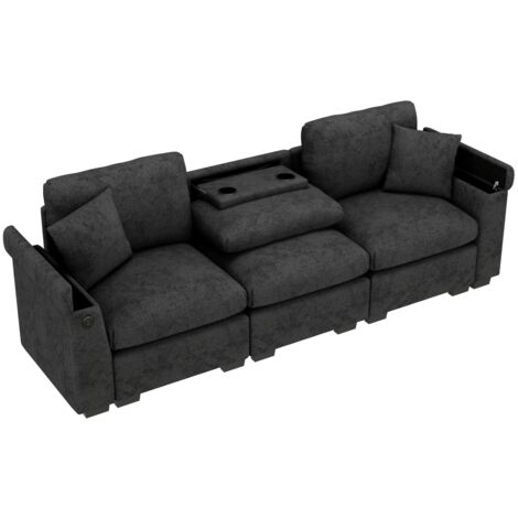 Modernes Dreisitzer-Sofa aus Chenille, Stoffsofa mit Kissen, Klapptisch und USB-Anschluss, Getränkehalter und Stauraum, ein multifunktionales Sofa, geeignet für Büros, Wohnungen und Heimkinos.
