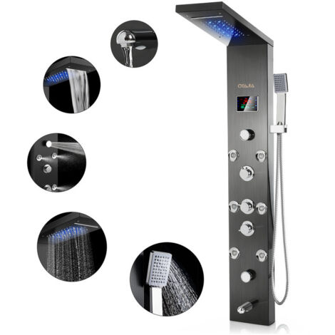 Modernes Duschpaneel 136 cm für Wandmontage, Duschsystem mit Regendusche, Handbrause & 5 Strahlarten, LED-Display, verstellbare Wasserfunktionen, Komplettset für Bad & Dusche