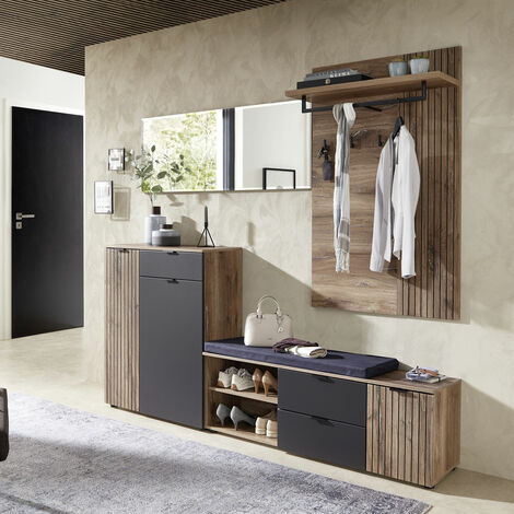 Modernes Garderobenset LORIENT-36 in Cosmos grau matt mit Flagstaff Eiche Umbra Nb., B/H/T ca. 231/204/38 cm