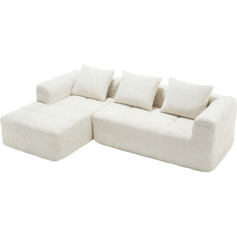 Modernes Sektionssofa, L-Sofa, 3-Sitzer-Sofa, keine Installation erforderlich, Chenille-Sofa mit Chaiselongue und Armlehnen, 3 Kissen, Seitentasche für Fernbedienung, Beige
