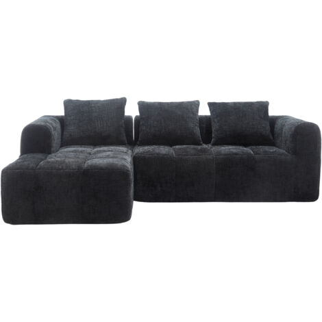 Modernes Sektionssofa, L-Sofa, 3-Sitzer-Sofa, keine Installation erforderlich, Chenille-Sofa mit Chaiselongue und Armlehnen, 3 Kissen, Seitentasche für Fernbedienung, Schwarz