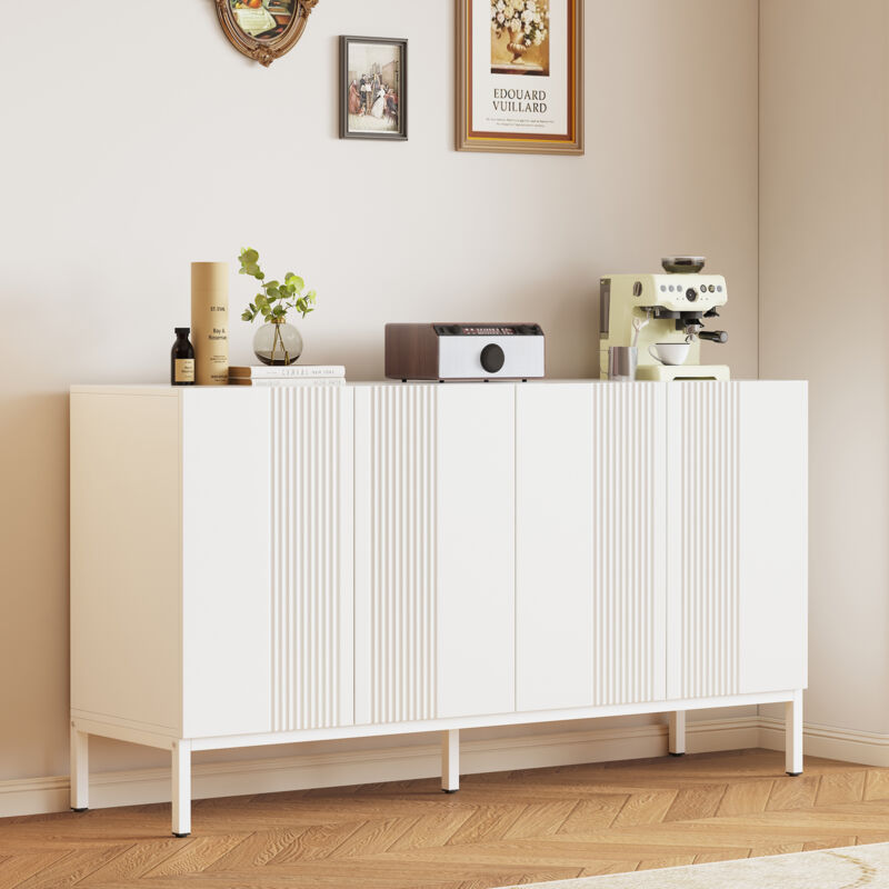 Modernes Sideboard mit einzigartiger Linie, 4-türig, grifflose Tür, für Esszimmer, Wohnzimmer und Küche (Blanc)