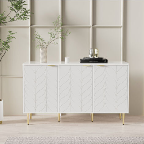 Modernes Sideboard mit vergoldeten Beinen und Griffen,Kommode, lackiert,Abgerundete Ecken,für Schlafzimmer, Wohnzimmer und Badzimmer,Blumenmuster,2 Etagen und 6 Fächer ,127B45T75H, weiß OKWISH