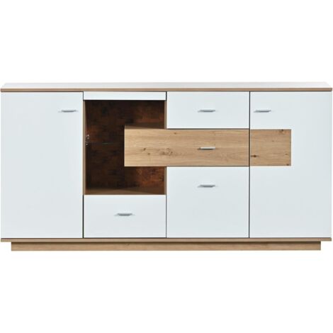 Modernes Sideboard-Schrank mit viel Stauraum, mit LED-Beleuchtung, 160x40x77cm, 2 Türen, 4 Schubladen, Glasablage, Holzoptik, Weiß,Wohnzimmermöbel, Organizer, Kommode, Mehrzweckschrank