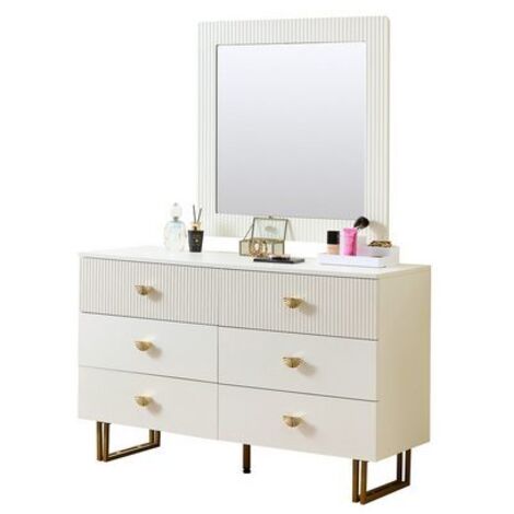 Modernes Sideboard- und Spiegel-Set in Weiß – Elegante Kombination aus 6-Schubladen-Kommode mit goldenen Akzenten & quadratischem Wandspiegel 80x80 cm – Perfekt für Flur, Schlafzimmer und Wohnzimmer