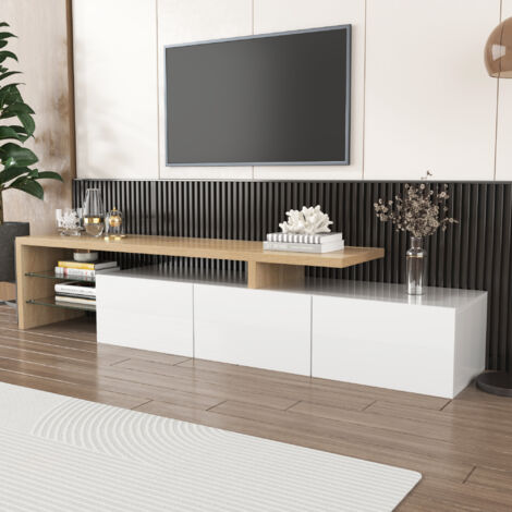 Modernes TV-Schrank-Design: Stilvolle Eleganz, praktischer Stauraum, Hochglanzweiß, Holzoptik, Glasböden, LED-Beleuchtung OKWISH