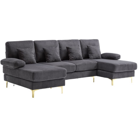 Modernes U-Sofa mit LED Ambientebeleuchtung & der USB-C-Port Massivholzrahmen, 4 luxuriöse Kissen & ergonomische Premium Rückenlehne für maximalen Komfort, grau