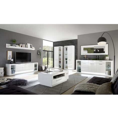 Modernes und zeitloses Wohnwand Set mit Sideboard und Couchtisch MAILAND-61 Hochglanz weiß, Beleuchtung, B/H/T 398/198/43 cm - weiß