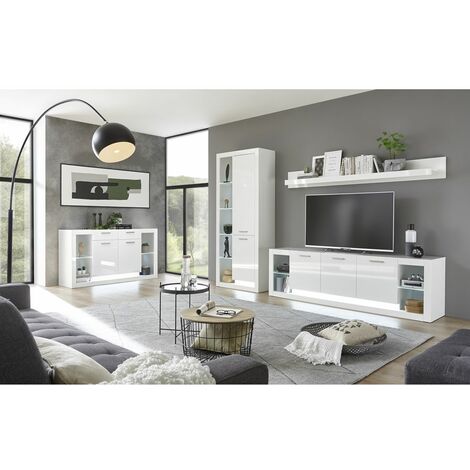 Modernes Wohnwand Set mit Kommode und Couchtisch MAILAND-61 Hochglanz weiß, LED-Beleuchtung, B/H/T 298/198/43 cm - weiß
