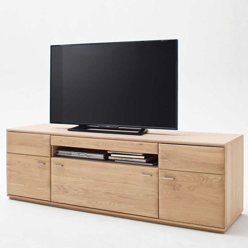 Modernes Wohnzimmer TV-Lowboard BADALONA-05 in Eiche Bianco massiv, mit Kabeldurchlass - B/H/T: 180/58/50cm
