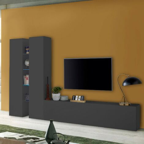 Modernes Wohnzimmer TV-Wandsystem 2 Schränke 4 Fachböden grau Sage RT