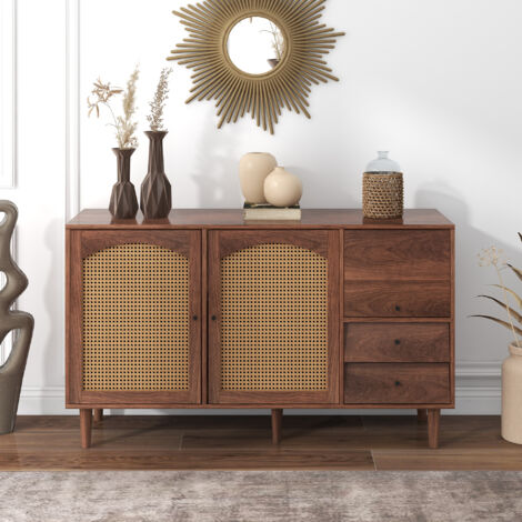 Modernluxe – Buffet bas 3 portes 2 tiroirs en panneau de particules – Dimensions 130x75,5x40,9 cm – Style rustique avec tressage en rotin
