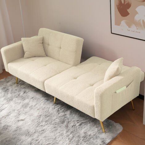 Modernluxe – Canapé convertible 2 places – Dossier réglable – Tissu bouclette beige – Poches latérales – Cadre en bois robuste – Dimensions 175x64x72 cm
