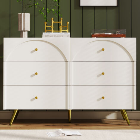 Modernluxe – Commode 6 tiroirs blanche – Panneaux de particules – Pieds dorés – Dimensions 120x40x85 cm – Assemblage facile