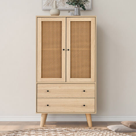 Modernluxe – Commode en bois 60x40x120 cm avec 2 portes et 2 tiroirs – Panneaux de particules certifiés E1 – Design élégant en rotin PE tissé