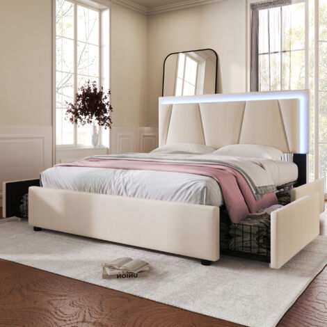 Modernluxe – Lit adulte 160x200 cm avec 2 tiroirs et éclairage LED – Tissu en lin beige – Tête de lit réglable – Sommier à lattes robuste