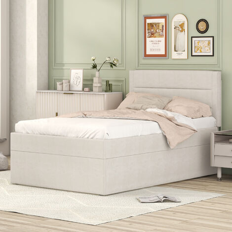 Modernluxe – Lit coffre 90x200 cm – Tissu lin beige – Sommier à lattes relevable – Espace de rangement pratique – Tête de lit rembourrée