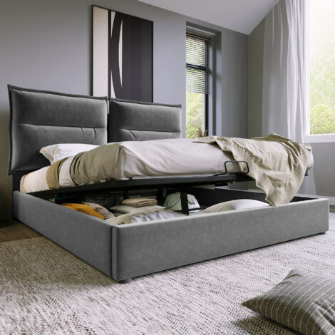 Modernluxe – Lit coffre rembourré en velours 140x200cm – Tête de lit réglable – Sommier à lattes pliable – Coffre de rangement 136x195cm