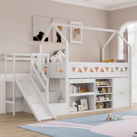 Modernluxe – Lit mezzanine en bois massif et MDF 90x200 cm – Avec toboggan, escalier, casiers – Finition blanche pour chambre enfant