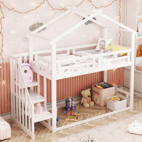 Modernluxe – Lit superposé cabane en pin massif – Échelle de sécurité interchangeable – Sommier à lattes 90x200cm – Blanc – Dimensions 253.4x95x221cm