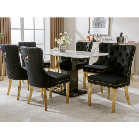 Modernluxe – Lot de 6 chaises en velours résistant aux taches – Pieds en acier inoxydable plaqué or – Dossier incurvé pour confort optimal – Noir