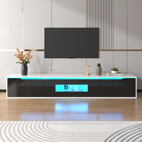 Modernluxe – Meuble TV 180cm noir avec lumière LED 16 couleurs – 3 grands compartiments – Panneaux de particules – Montage mural inclus