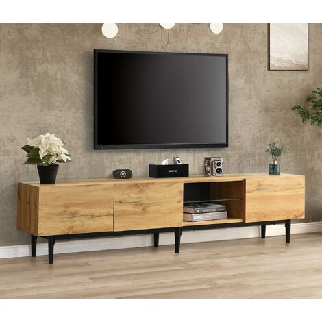 Modernluxe – Meuble TV en bois 175cm avec LED – 3 portes – 2 étagères – MDF robuste – Lumières LED télécommandées – Style industriel naturel