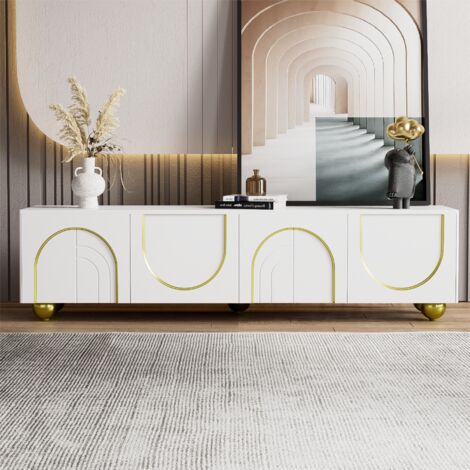 Modernluxe – Meuble TV moderne 170x38x44 cm – Panneaux de particules – 4 portes avec mécanisme d'ouverture par poussée – Pieds dorés arrondis