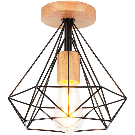 Moderno Lampada da Soffitto Industriale E27 25cm Lampada Forma di Diamante in Metallo e Legno per Corridoio Scale Soggiorno Nero